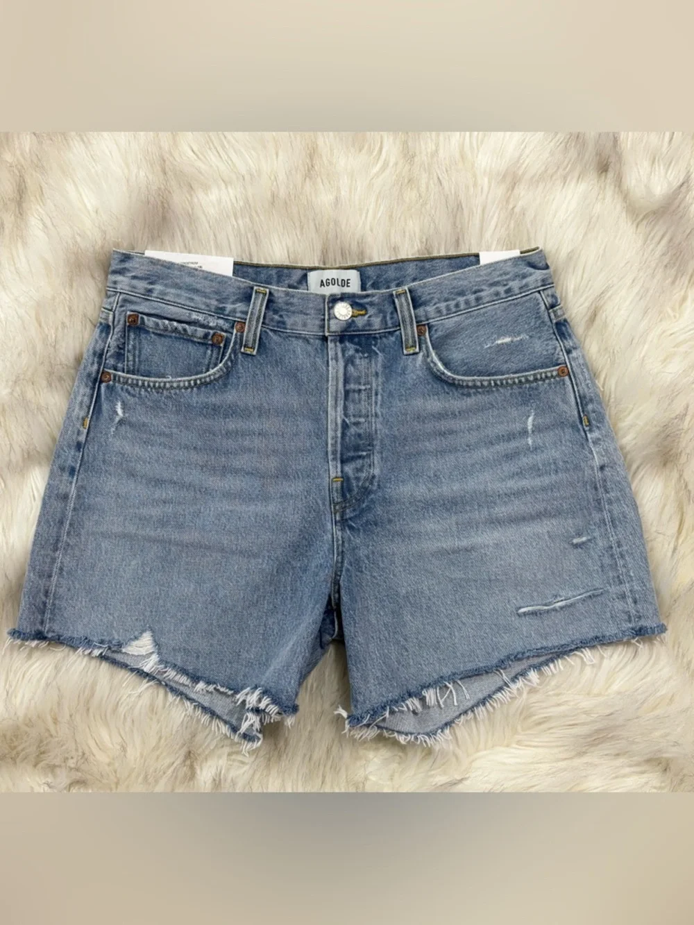 NWT Agolde Parker Long Swapmeet Light Blue Distressed Denim Cutoff Shorts SZ 27 - Picture 9 of 16